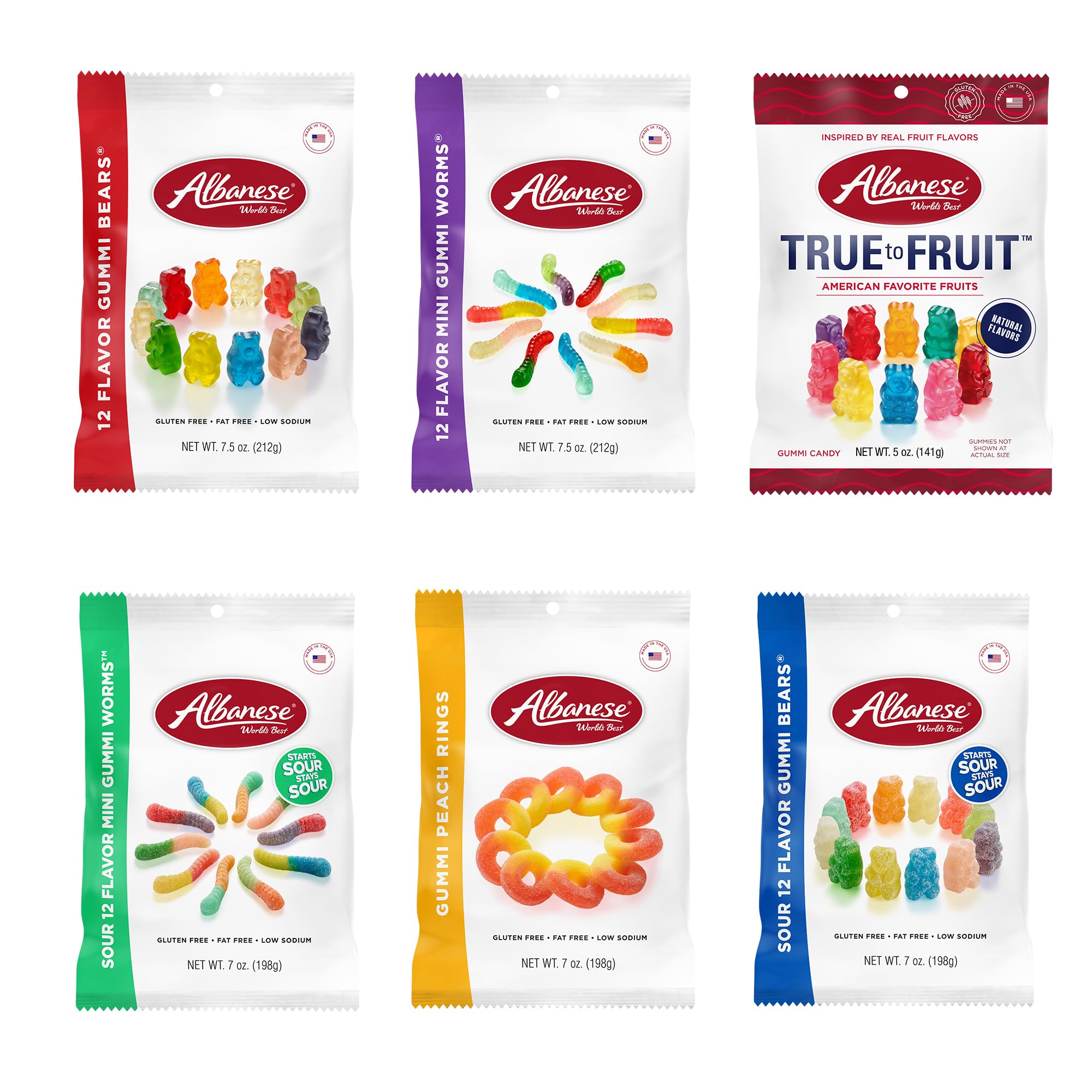 Albanese Gummi Variety Pack bears-worms-butterflies close-up, juicy fruity bites.