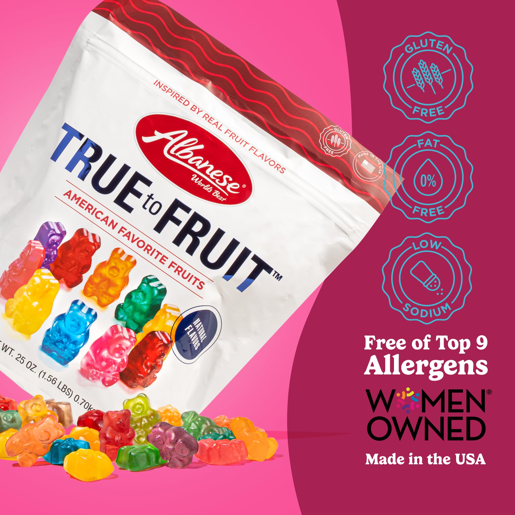 Albanese gummies closeup highlighting soft chew and bold flavors.