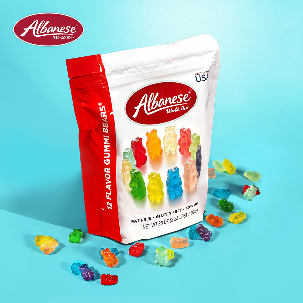 Albanese shareable gummi bears invite friends to taste and compare flavors.