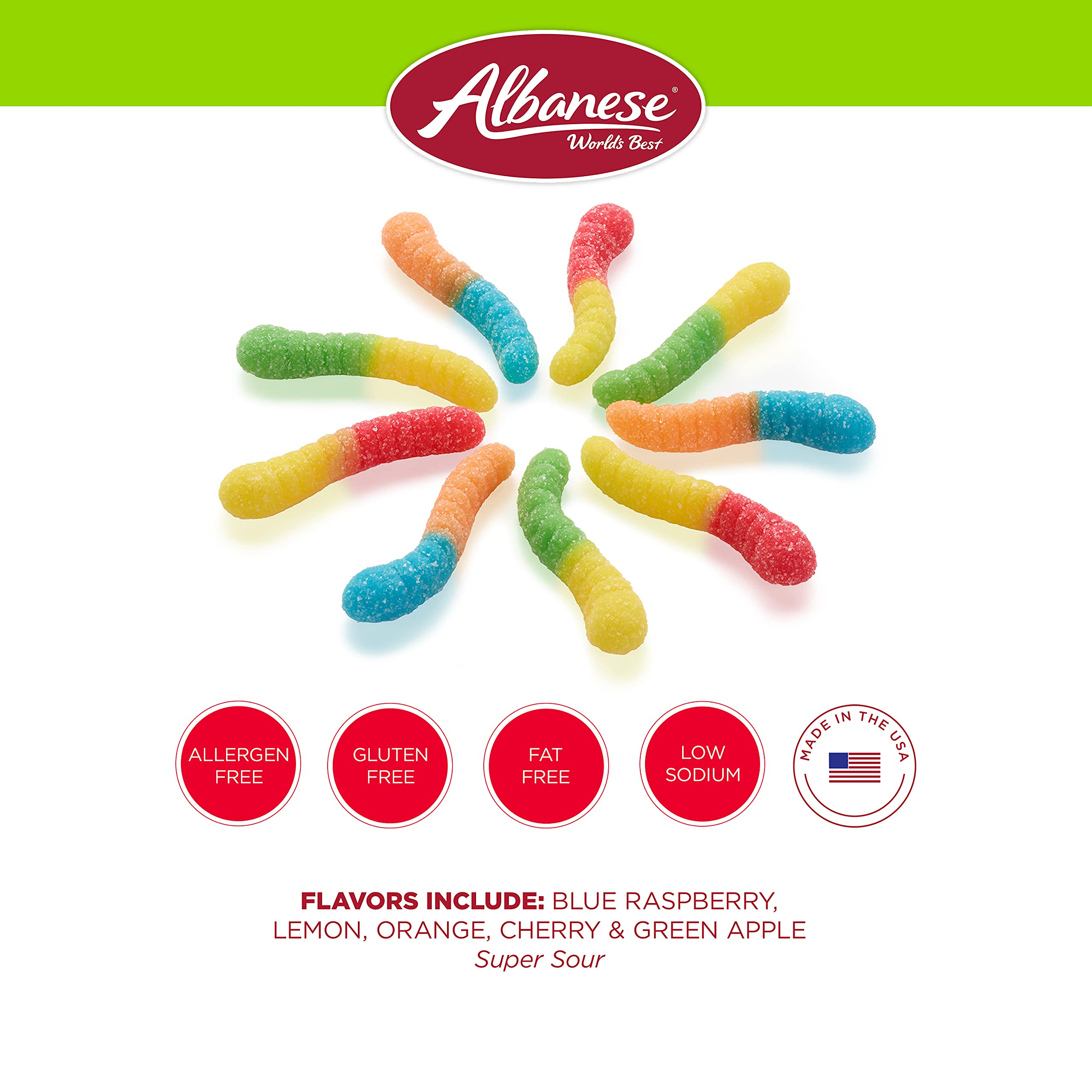 Albanese Green Apple neon worms provide crisp tartness and kid-friendly chewing.