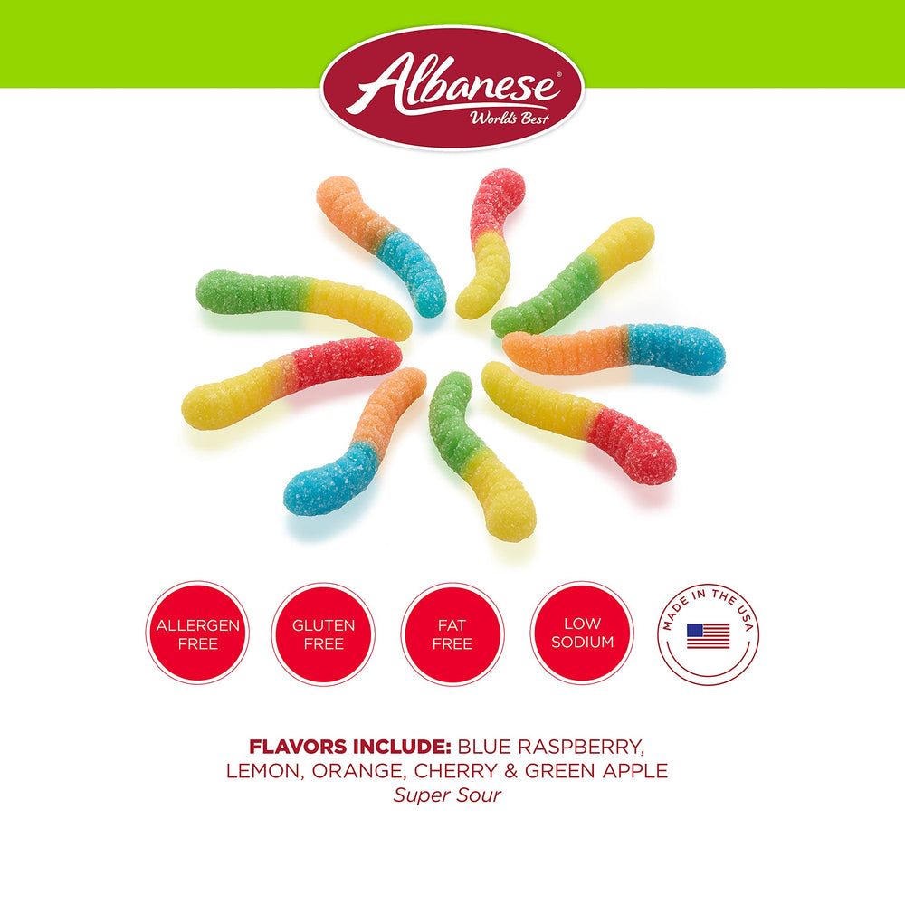 Albanese Green Apple neon worms provide crisp tartness and kid-friendly chewing.