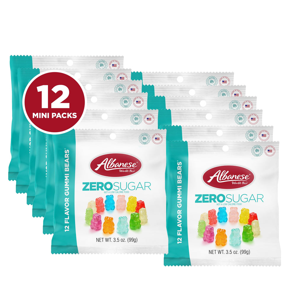 Albanese Sugar Free Gummi Bears 12-pack on display, variety flavors for sugar-conscious snacking.