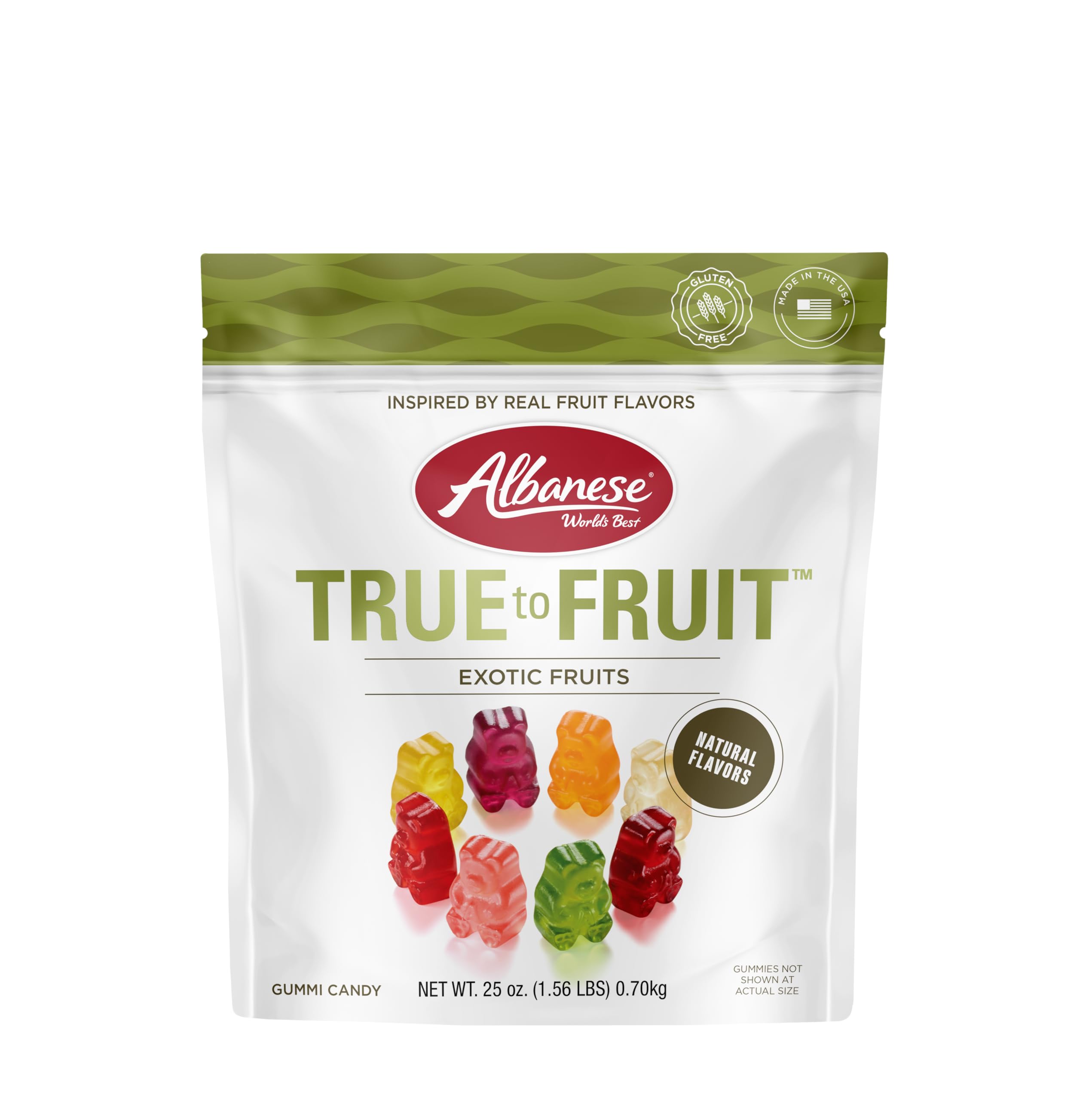 Albanese World's Best Exotic Fruits gummies in a resealable 25oz bag for sharing