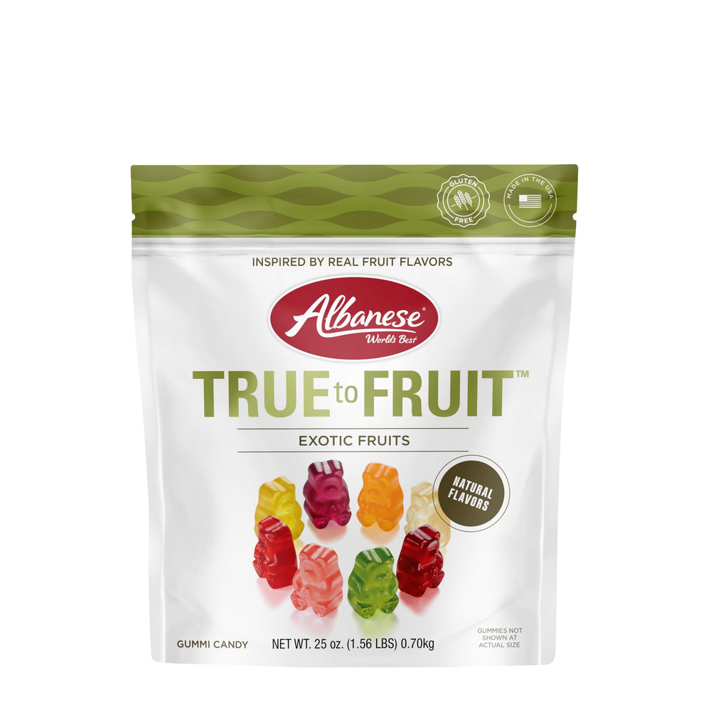 Albanese World's Best Exotic Fruits gummies in a resealable 25oz bag for sharing