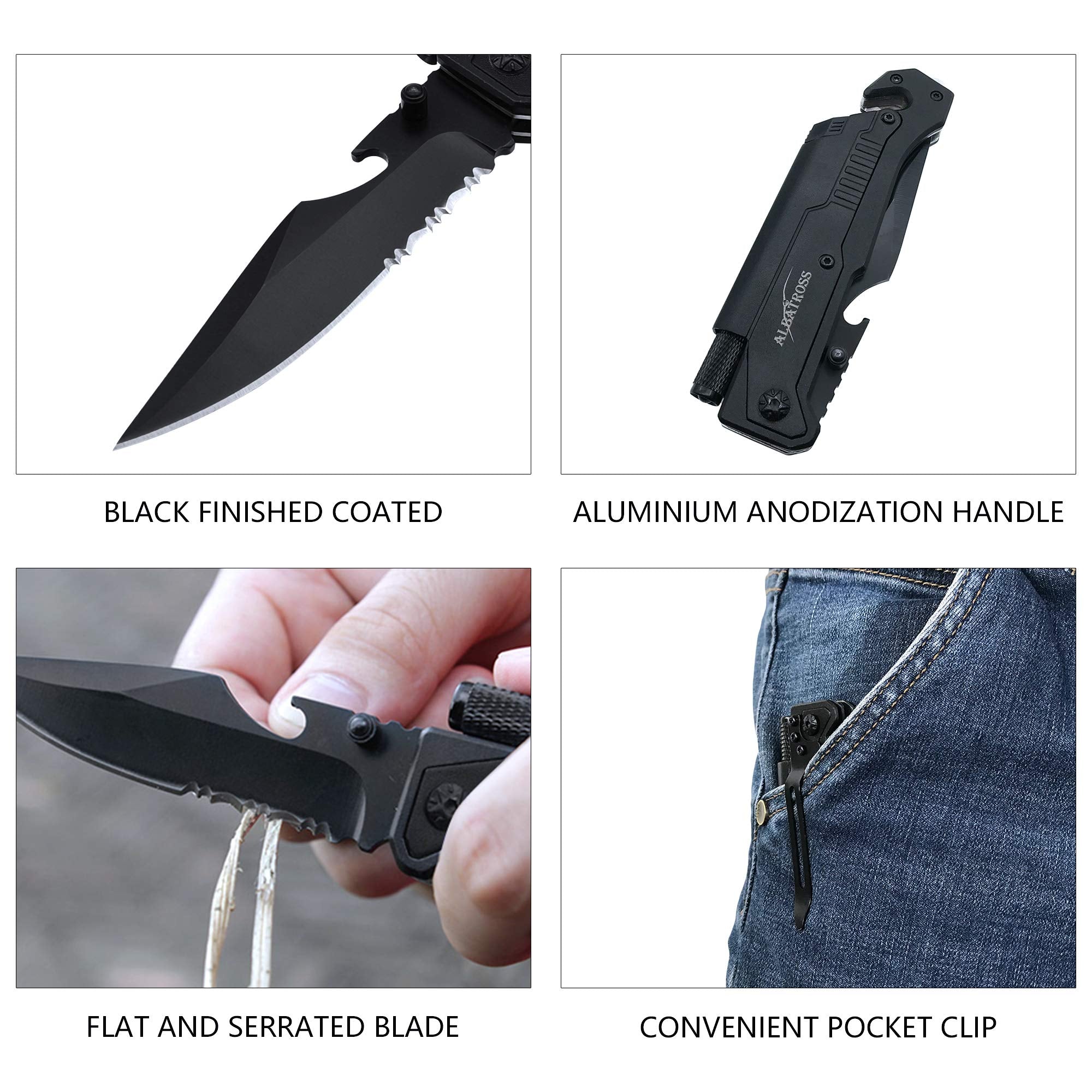 ALBATROSS 6-in-1 survival knife with bottle opener for outdoor use.