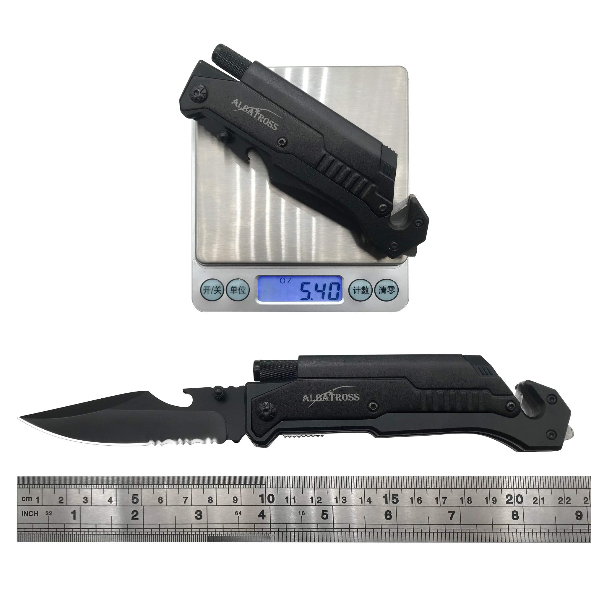 ALBATROSS 6-in-1 survival knife folded-compact for easy EDC carry.