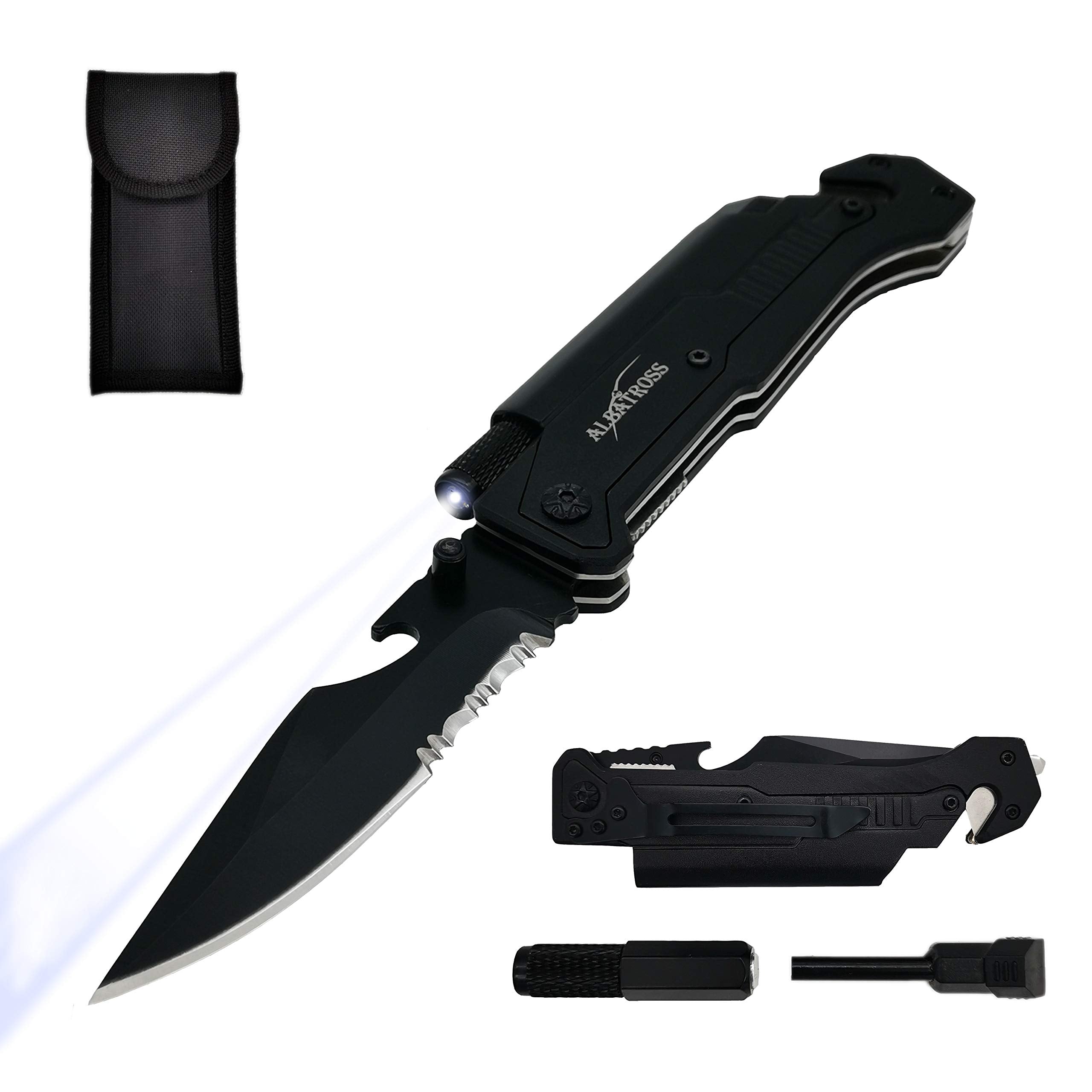 ALBATROSS 6-in-1 survival knife with LED light for nighttime tasks.