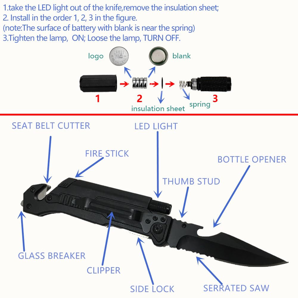ALBATROSS 6-in-1 survival knife with seatbelt cutter for emergencies.