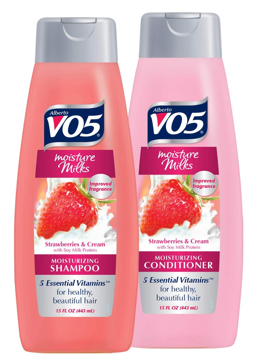 Alberto VO5 Moisture Milks Strawberries and Cream set bottle for daily hydration.