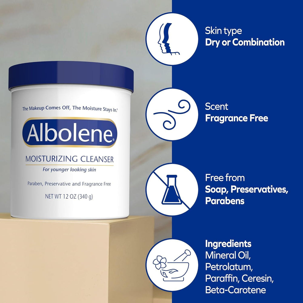 Albolene 12oz packaging front highlights fragrance-free multi-use skincare.