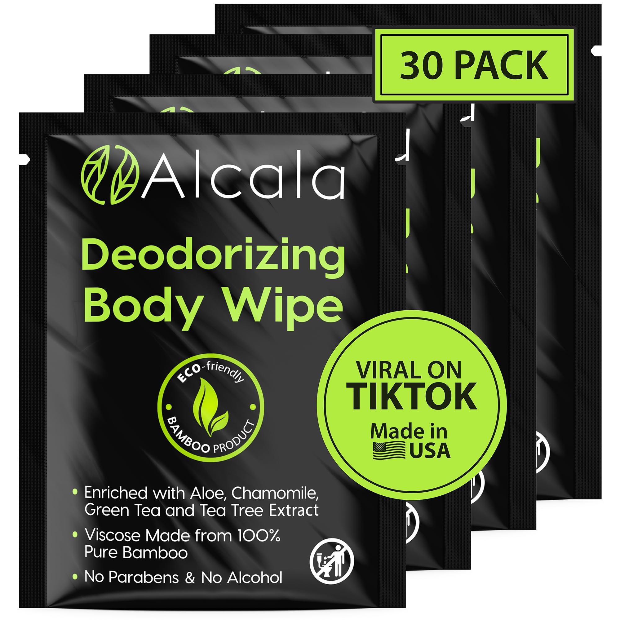 Alcala deodorizing body wipes front packaging shown, ideal for quick refresh on the go.