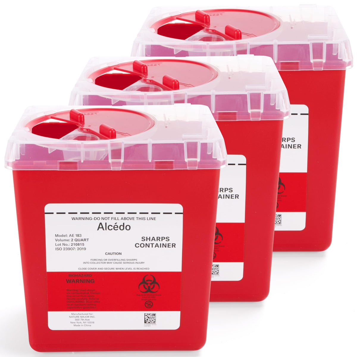 Alcedo 2-qt sharps container 3-pack for home and professional disposal.