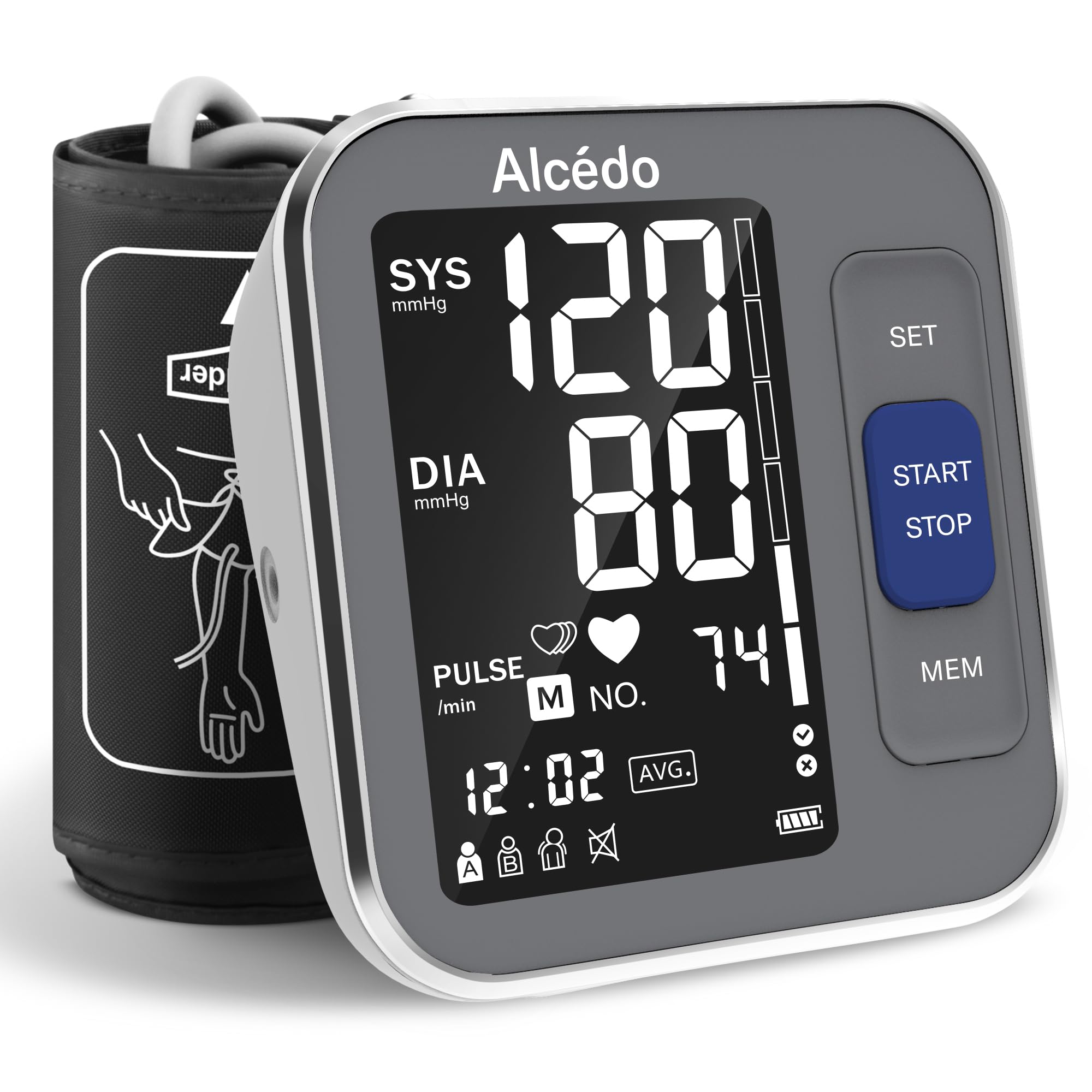 Alcedo blood pressure monitor display with clear readings on a backlit screen.