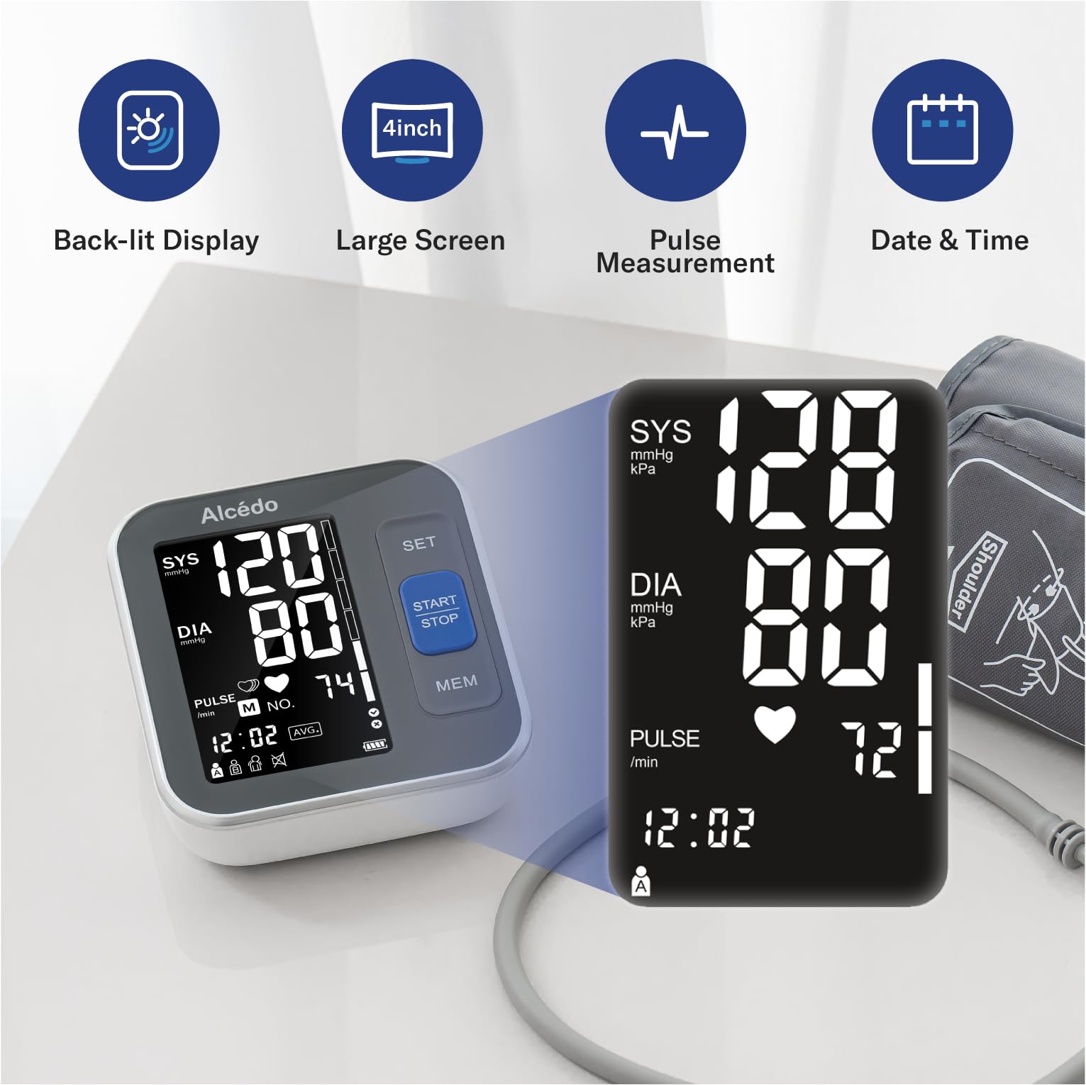 Alcedo blood pressure monitor one-button operation for quick checks.