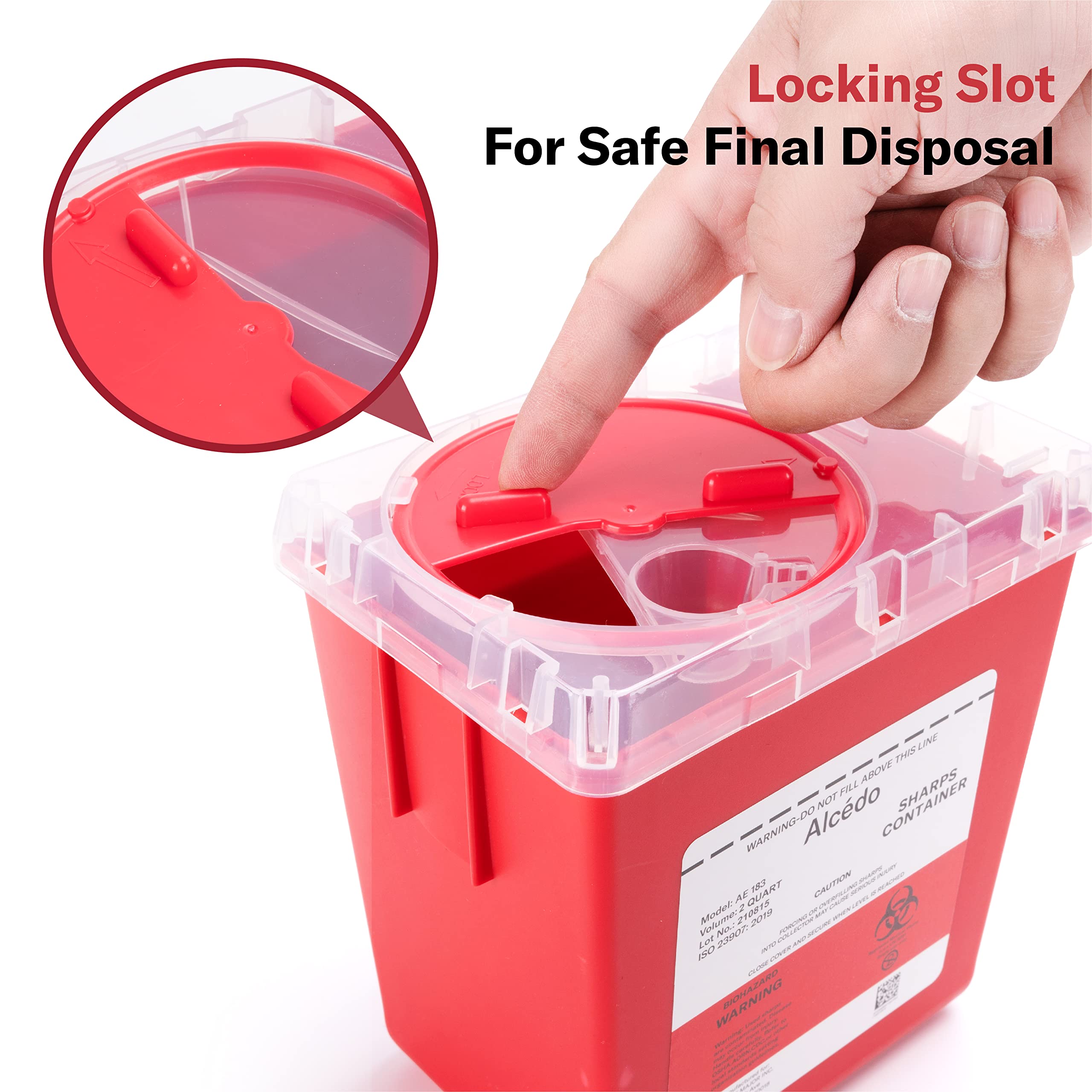 Alcedo sharps container suitable for professional clinics and home use.