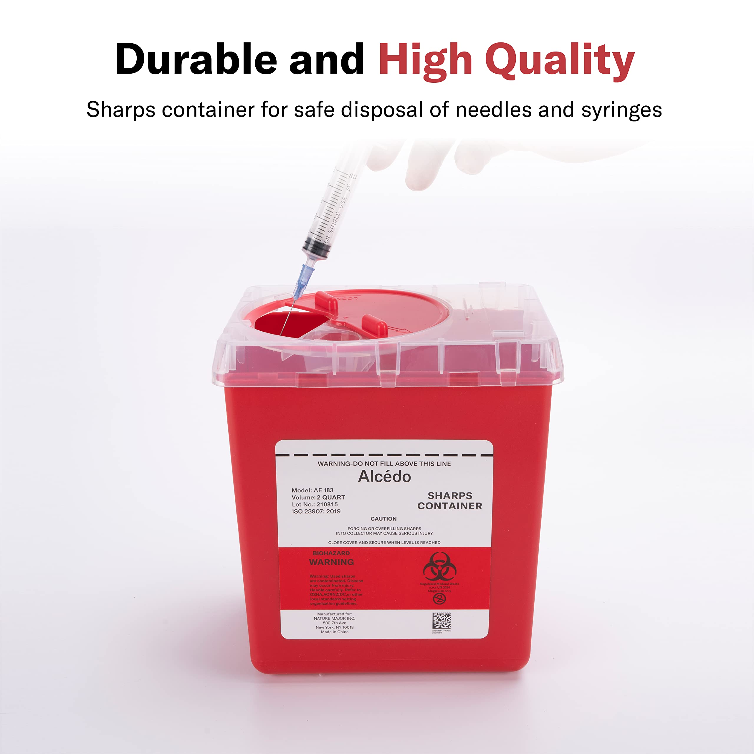 Alcedo sharps container clear lid view shows fill level for safe disposal.