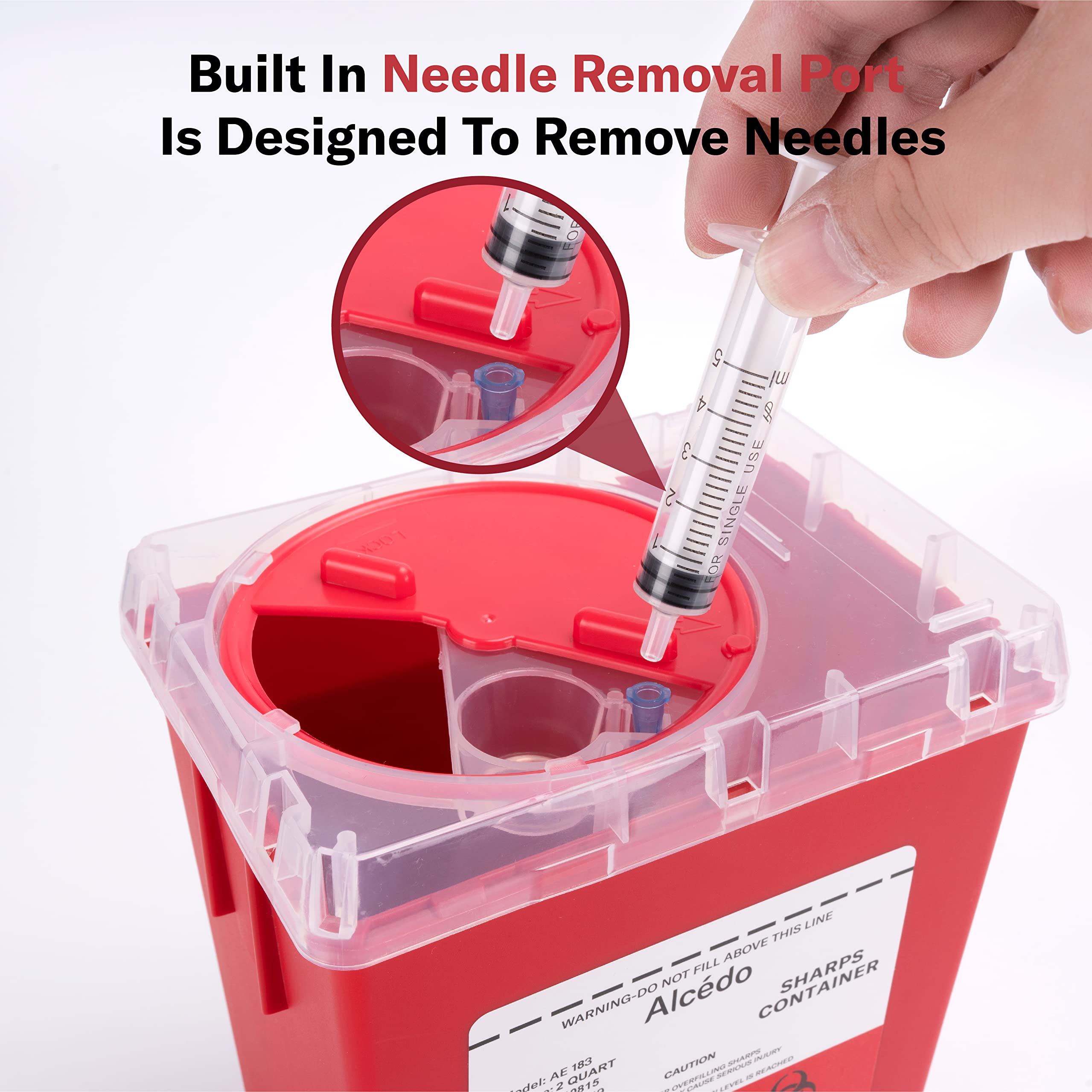 Alcedo sharps container locking slot enables secure final disposal.