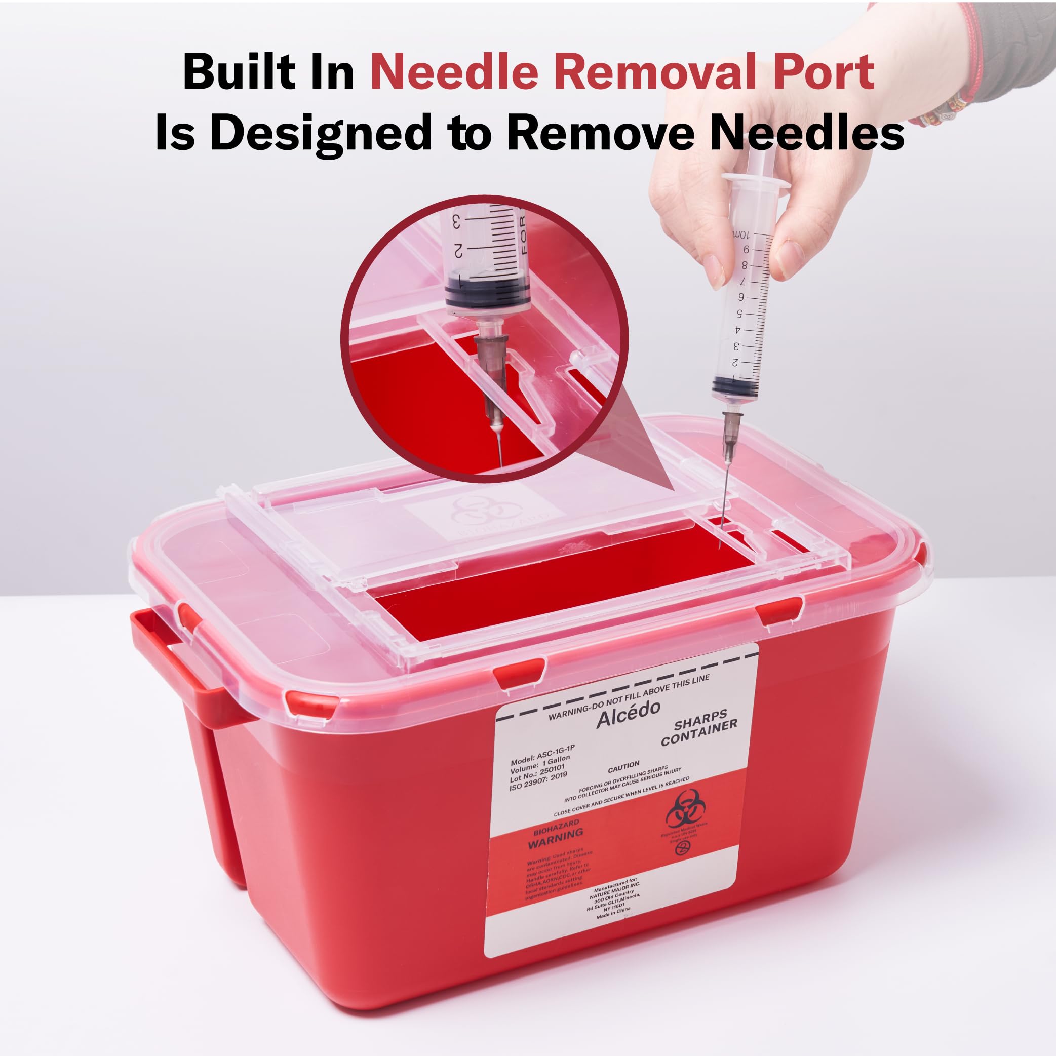 Alcedo puncture-resistant sharps container for safer handling