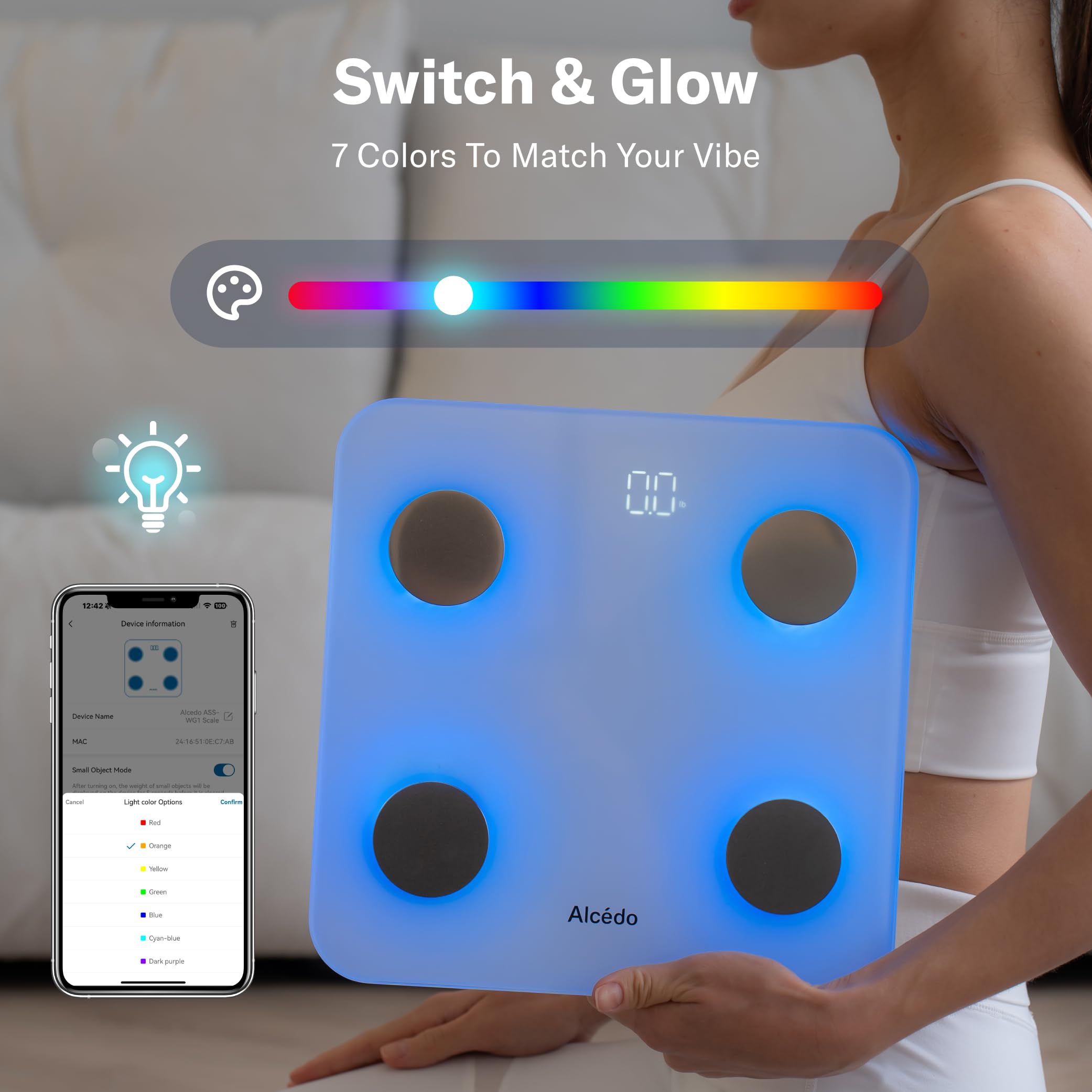 Alcedo Smart Scale displays BMI and fat percentage for body composition insights.