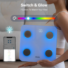 Alcedo Smart Scale displays BMI and fat percentage for body composition insights.