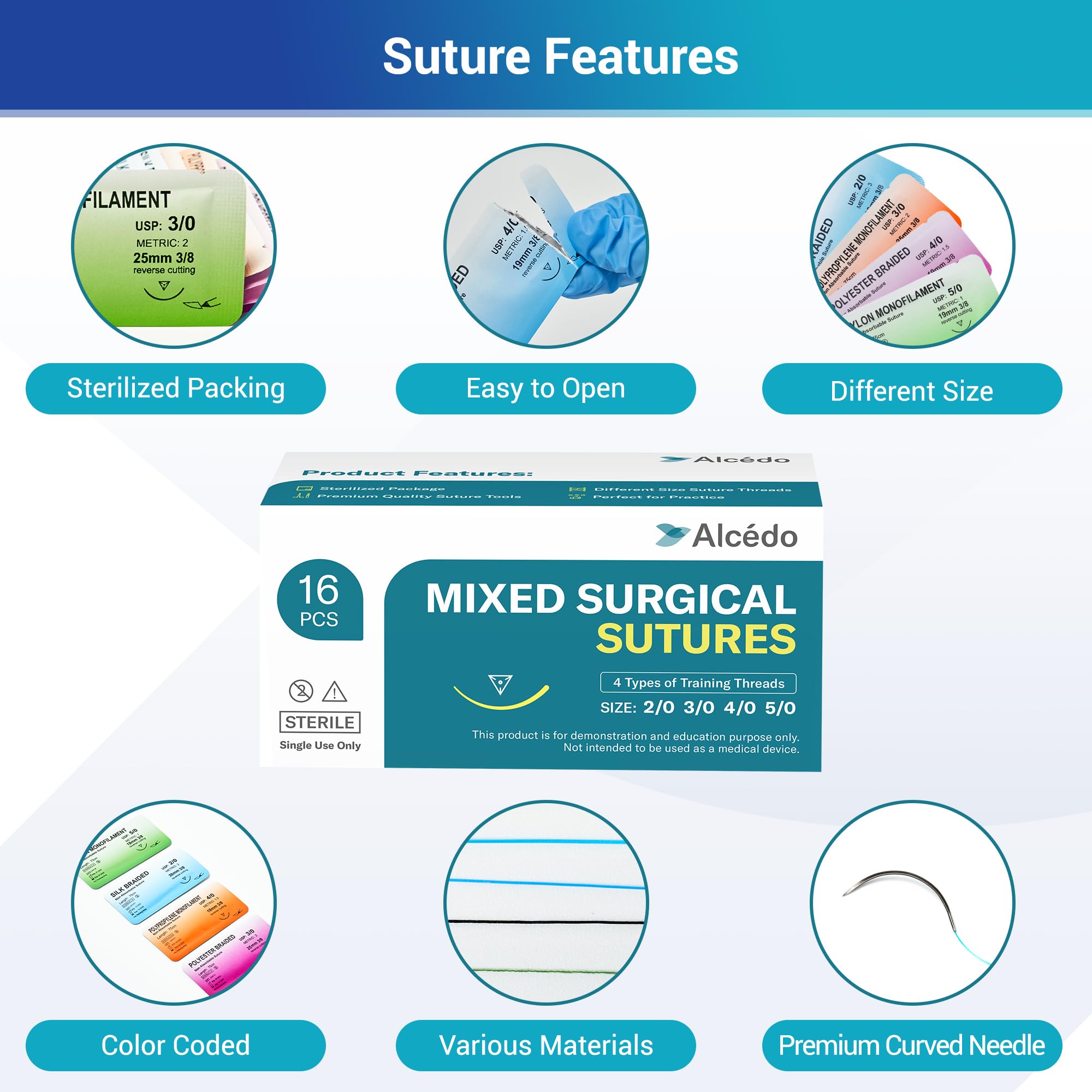 Alcedo suture thread shown in sterile pouches ready for classroom practice