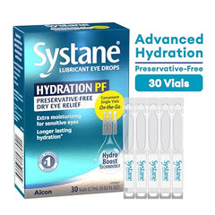 Alcon Systane Hydration drops close-up showing preservative-free relief for sensitive eyes
