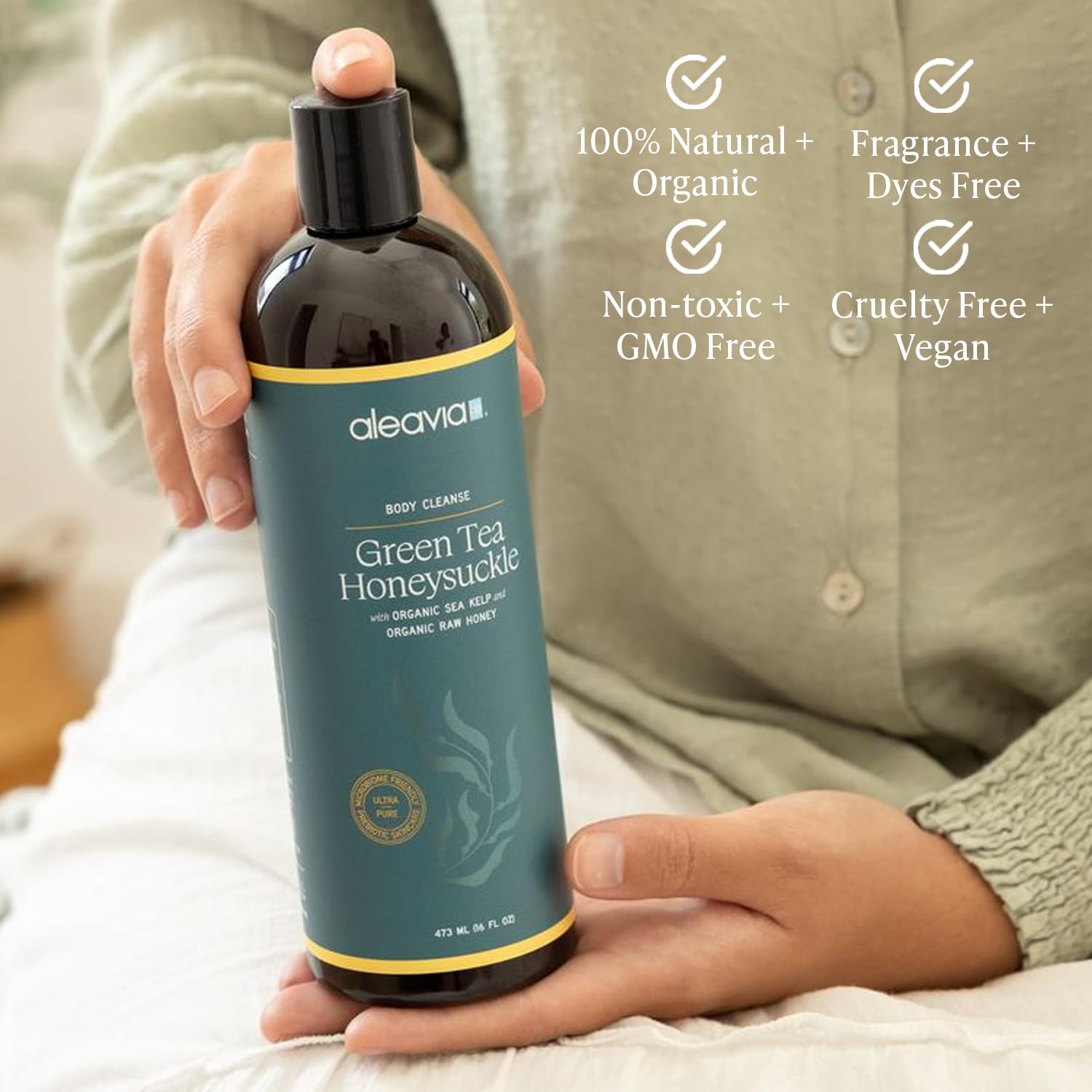 Aleavia Body Cleanse prebiotic formula nourishes skin microbiome.