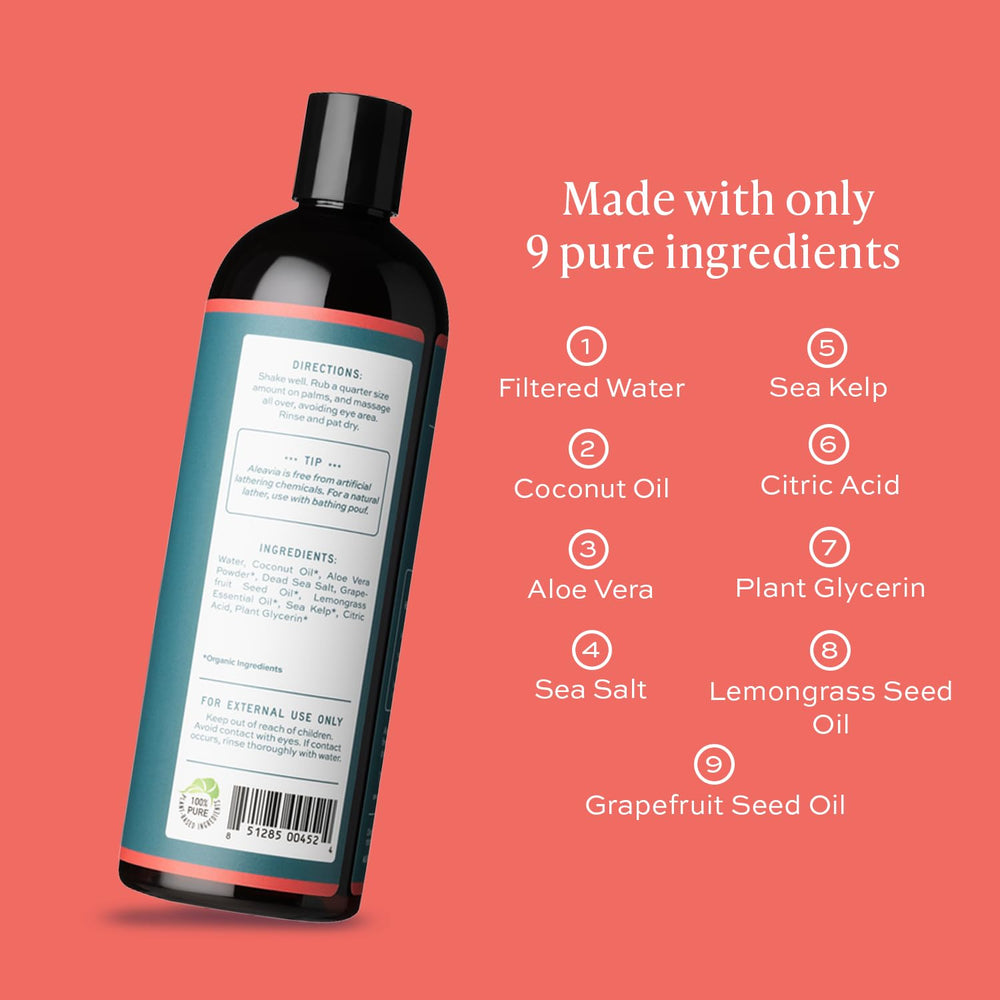 Aleavia Citrus Bliss label closeup shows 8 organic ingredients for gentle cleansing.