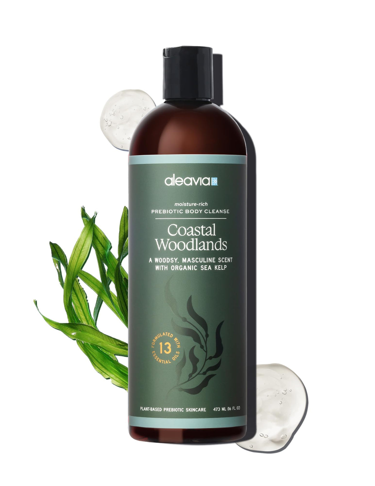 Aleavia Coastal Woodlands body wash bottle with woodsy scent for daily cleansing and hydration.
