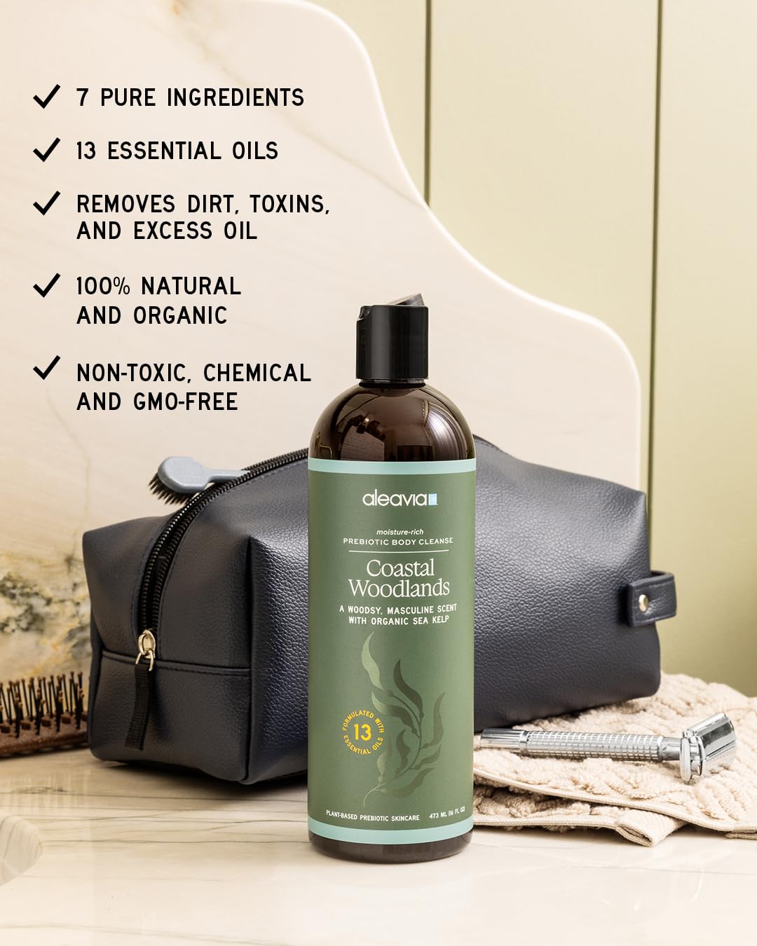 Aleavia Coastal Woodlands foamy lather delivering a thorough rinse and aromatic experience.
