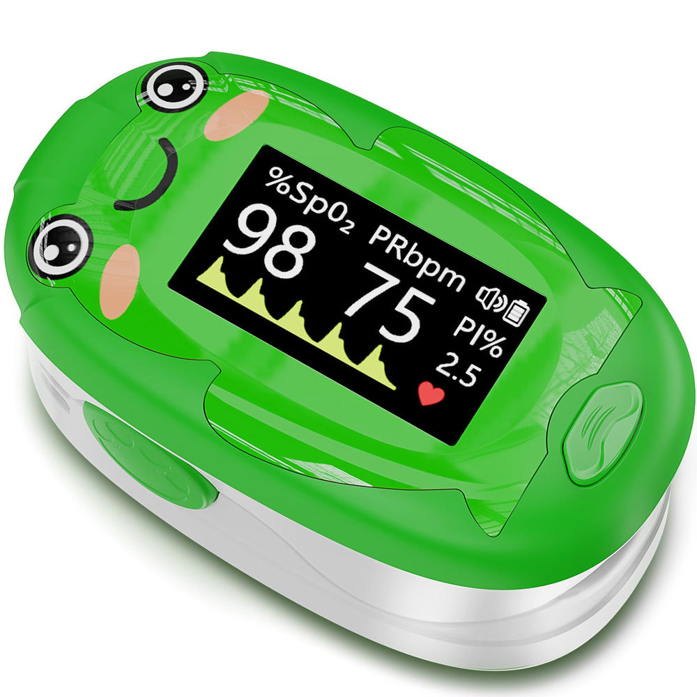 Alecaremed Pulse Oximeter for Kids on a finger shows SpO2 and heart rate.