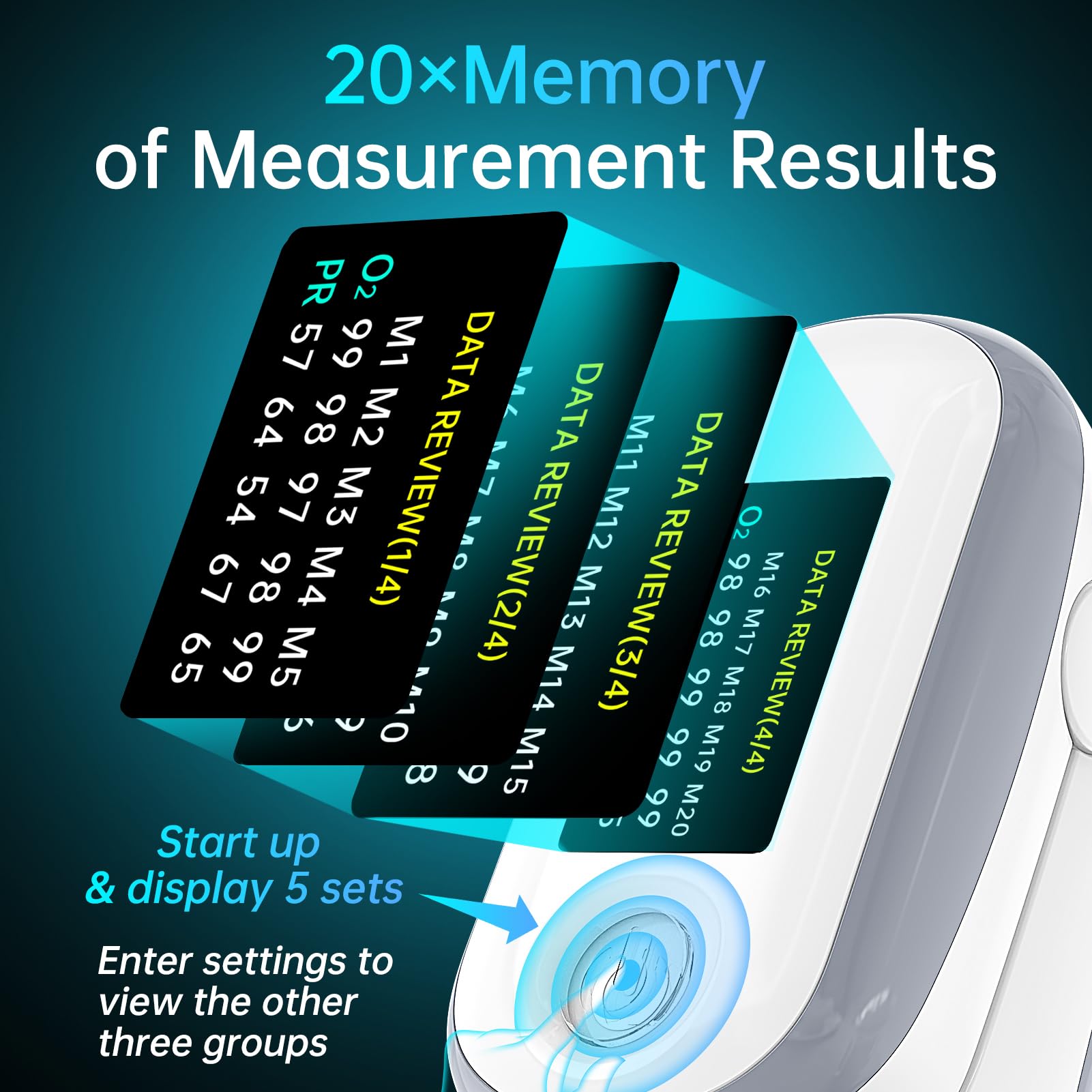 Alecaremed Pulse Oximeter memory records up to 20 results for trend tracking over days.
