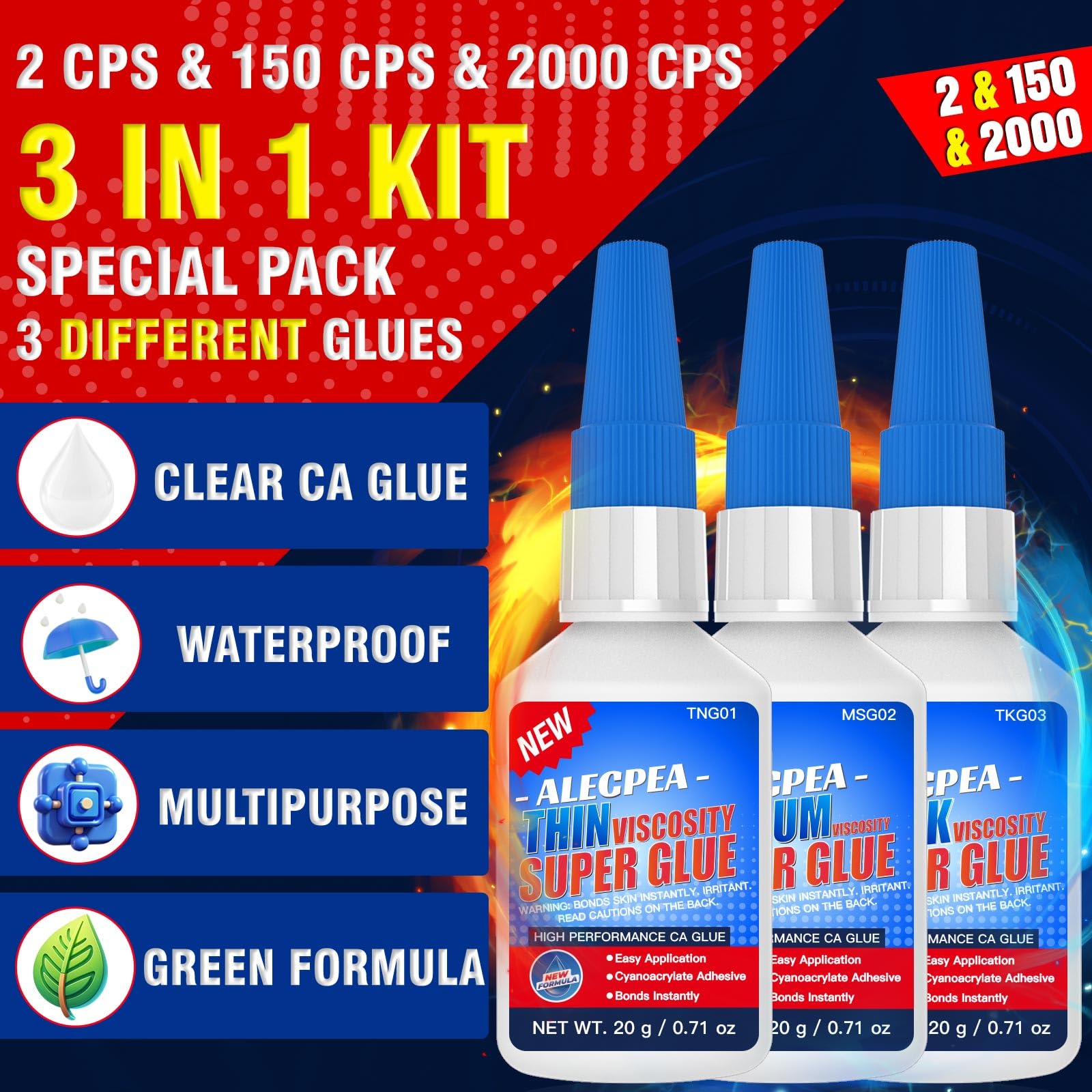 ALECPEA 2000cps thick glue provides longer positioning before curing.