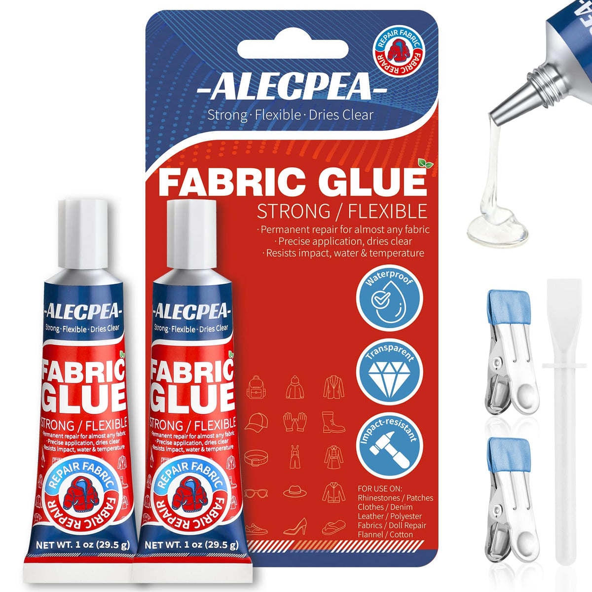 ALECPEA permanent fabric glue tubes in a 2-pack kit for quick repairs