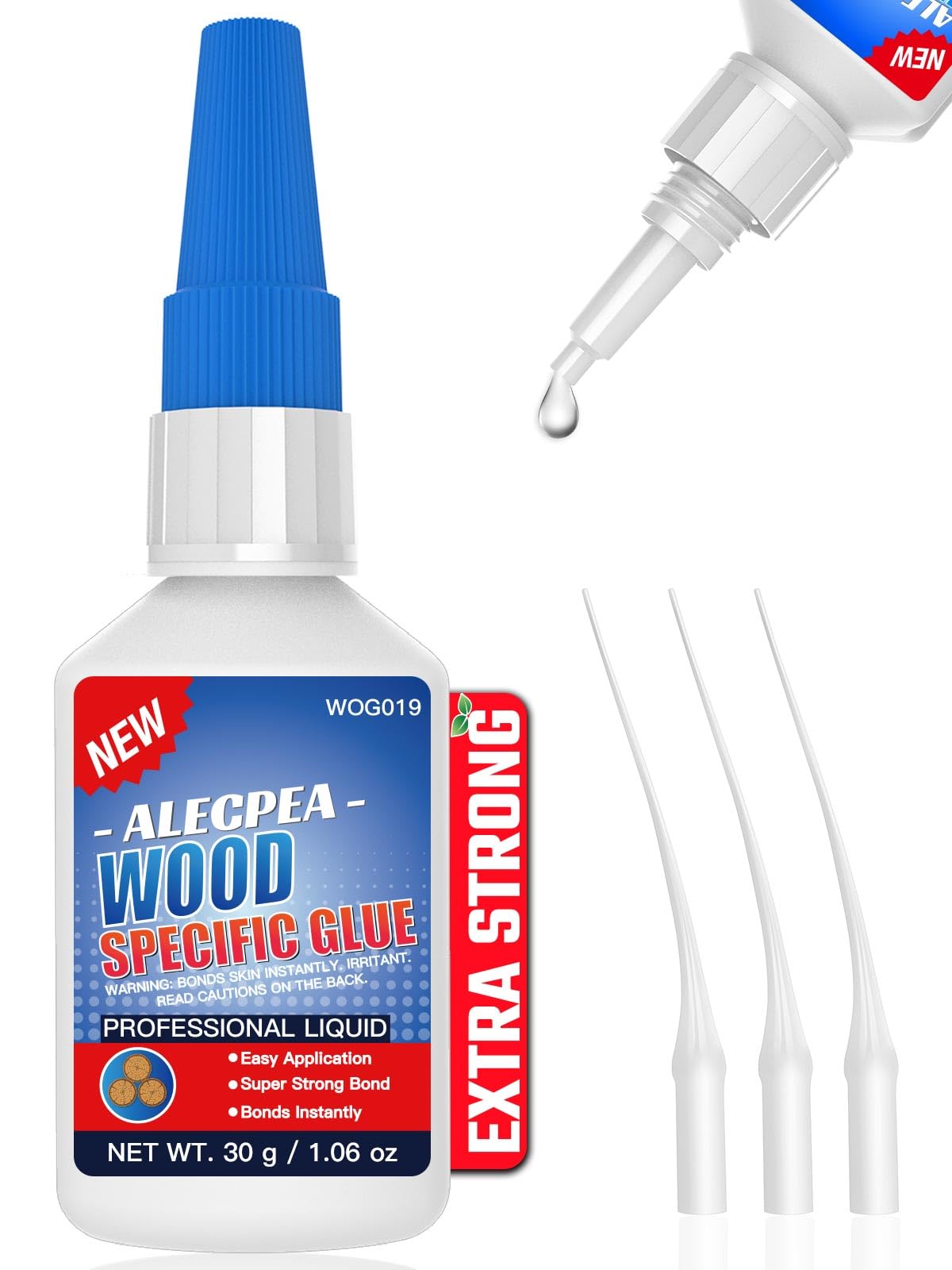 Alecpea wood glue with three precision applicators for accurate bonding of delicate joints.