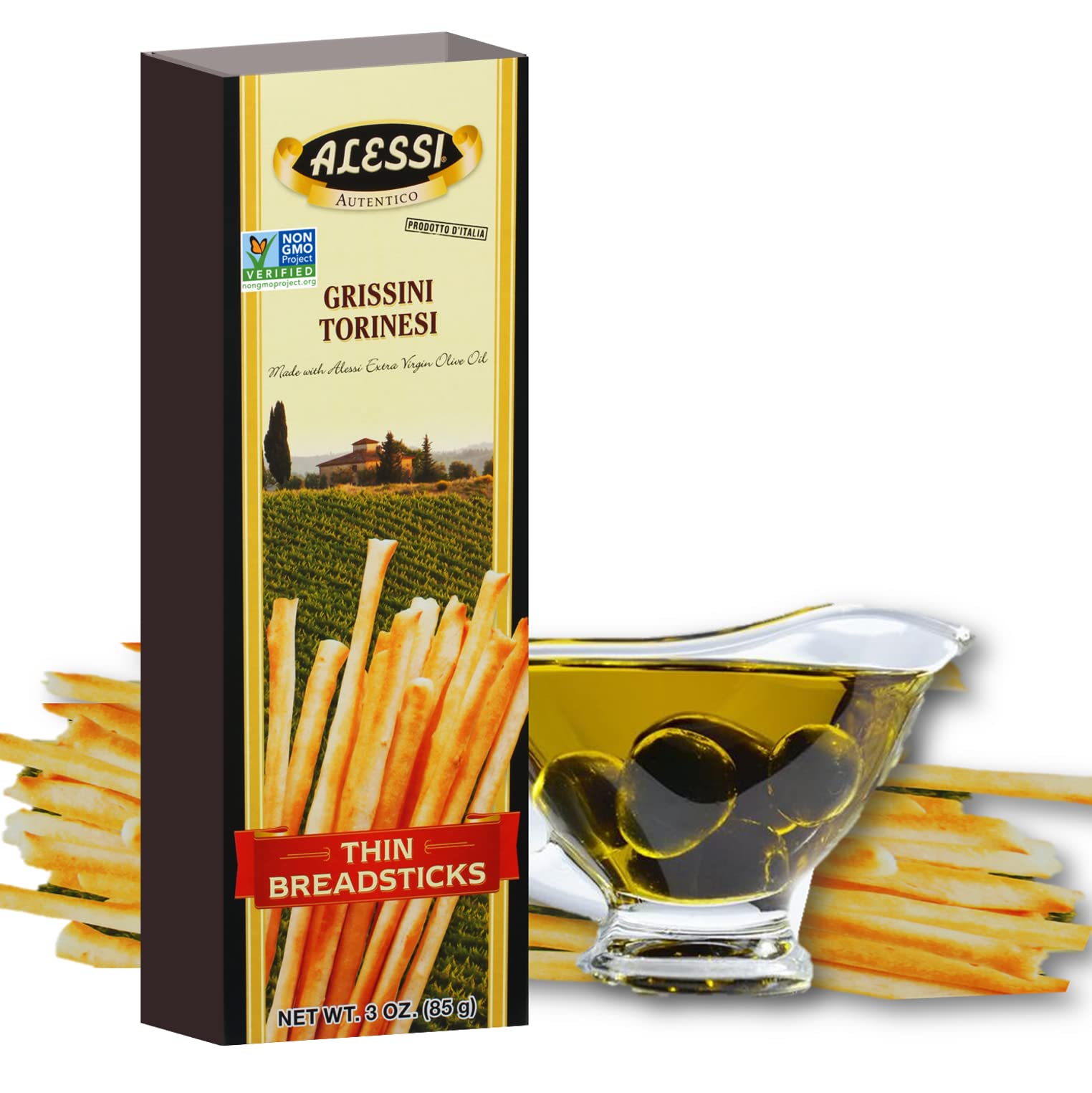 Alessi breadsticks thin-pack 12, crisp texture ideal for dipping sauces.