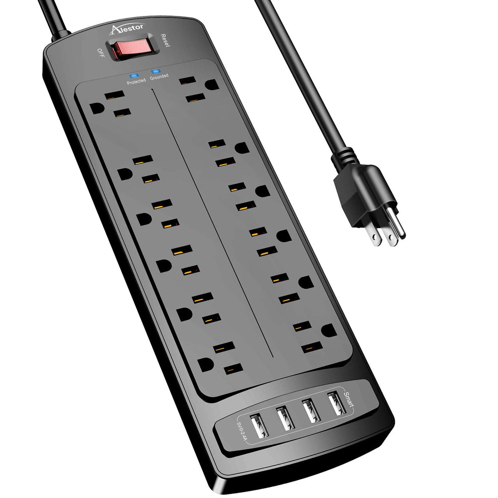 Alestor power strip with 12 outlets and 4 USB ports for organized multi-device charging.
