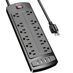 Alestor power strip with 12 outlets and 4 USB ports for organized multi-device charging.