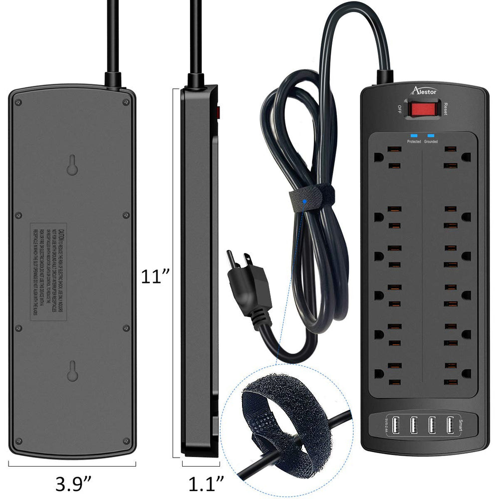 Alestor power strip back view emphasizing sturdy body and cord entry.