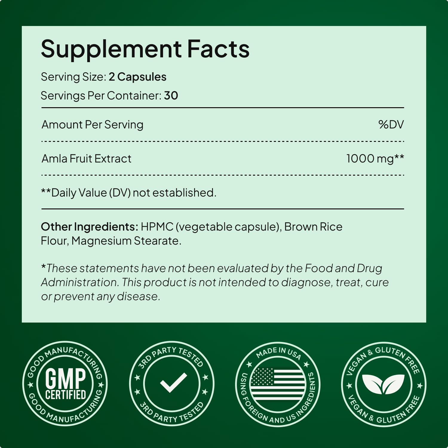 Alevia amla capsules serving size information close-up