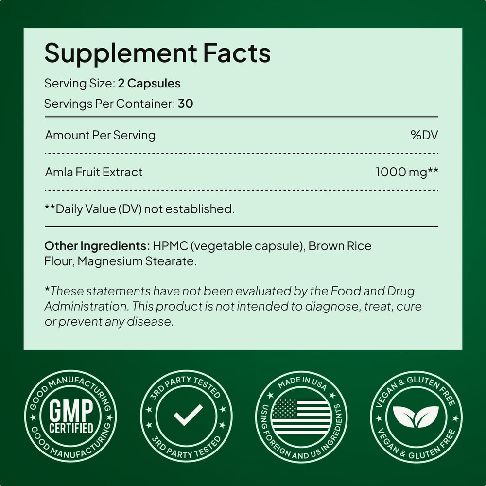 Alevia amla capsules serving size information close-up