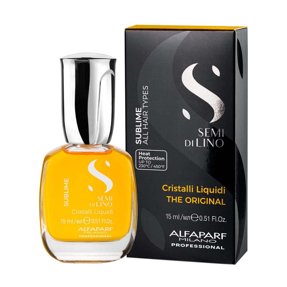 ALFAPARF MILANO Cristalli Liquidi bottle pour demonstrates easy application before styling.