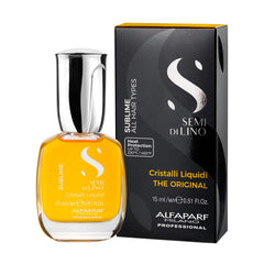 ALFAPARF MILANO Cristalli Liquidi bottle pour demonstrates easy application before styling.