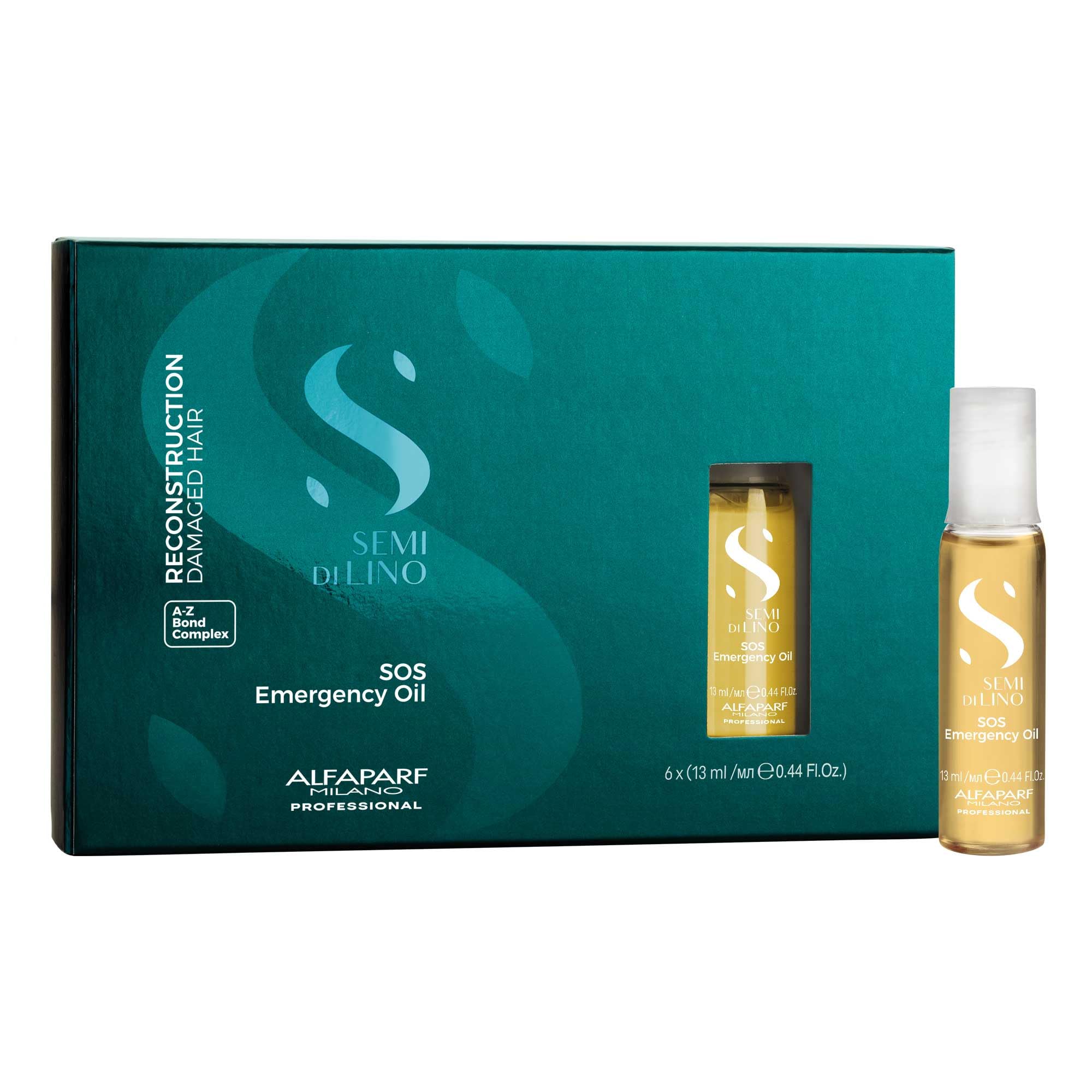 ALFAPARF MILANO SOS Emergency Oil bottle demonstrating reparative treatment for damaged hair.