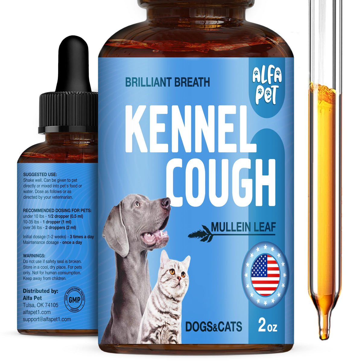 Alfa Pet Kennel Cough Bottle shows herbal blend for easier breathing in pets.