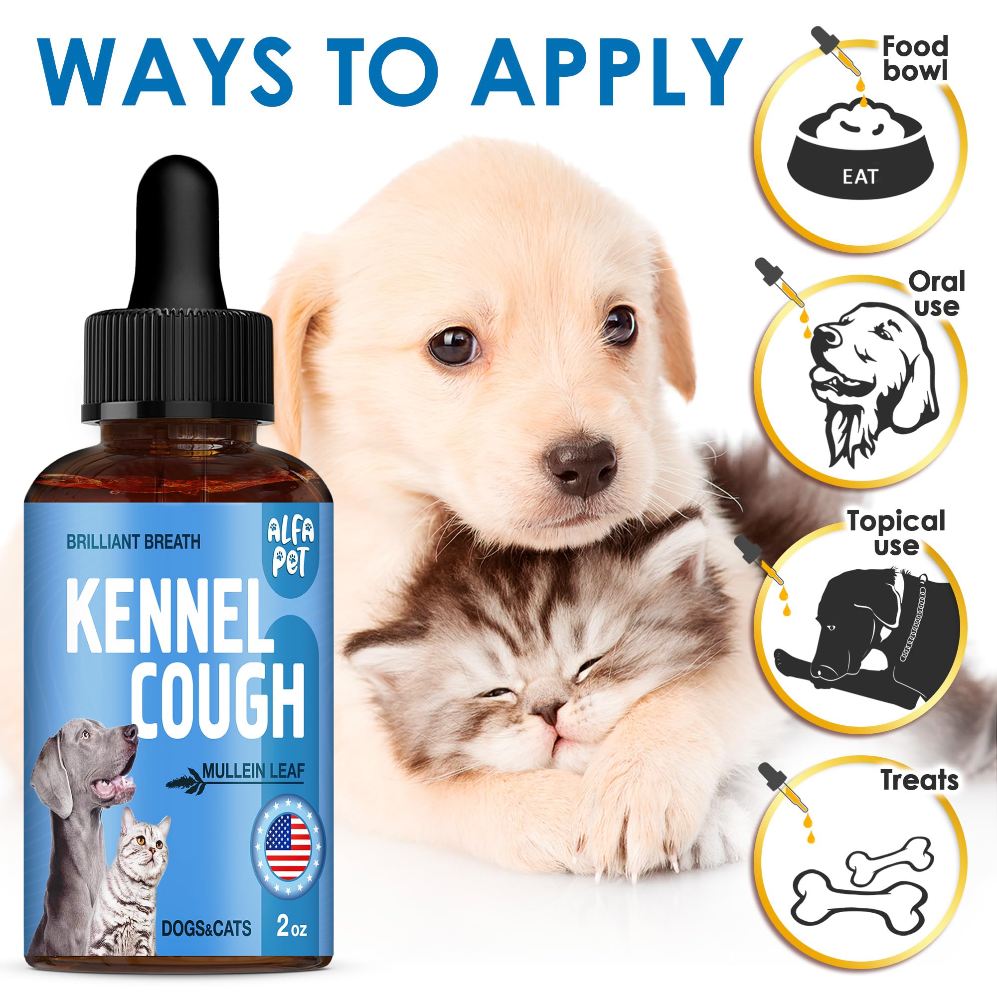 Alfa Pet Kennel Cough Dosing Small Pets shows half-dropper measurements.