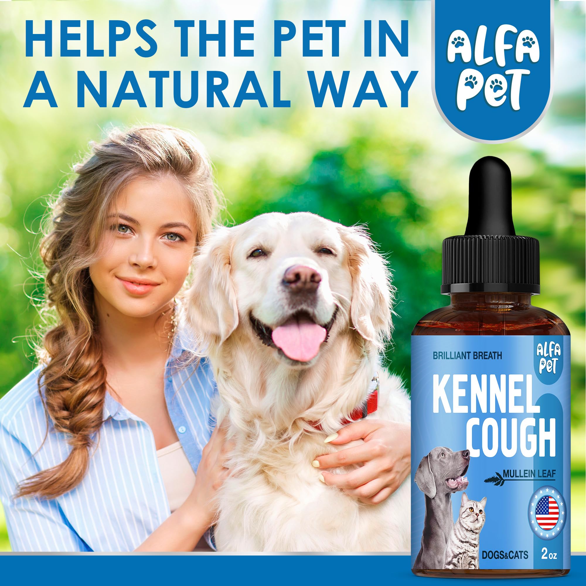 Alfa Pet Kennel Cough Liquid Formula emphasizes herbal blend for rapid absorption.