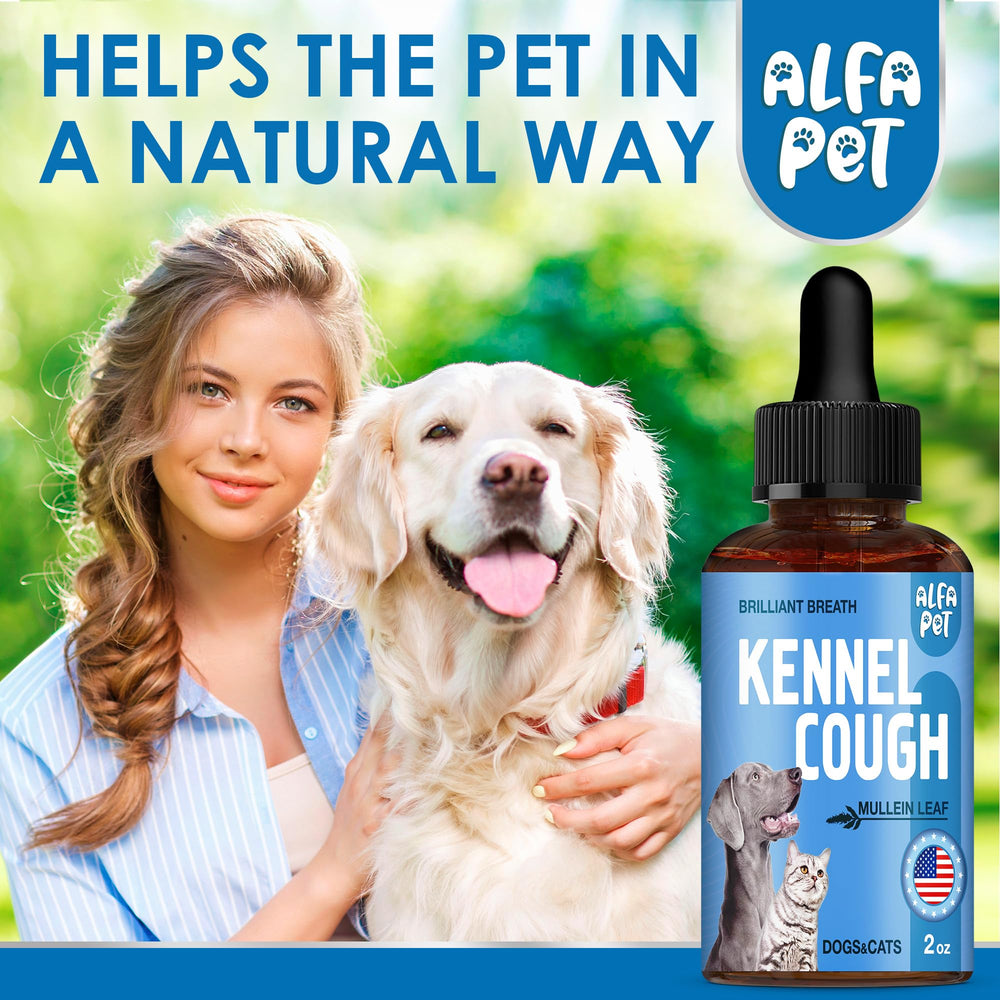 Alfa Pet Kennel Cough Liquid Formula emphasizes herbal blend for rapid absorption.
