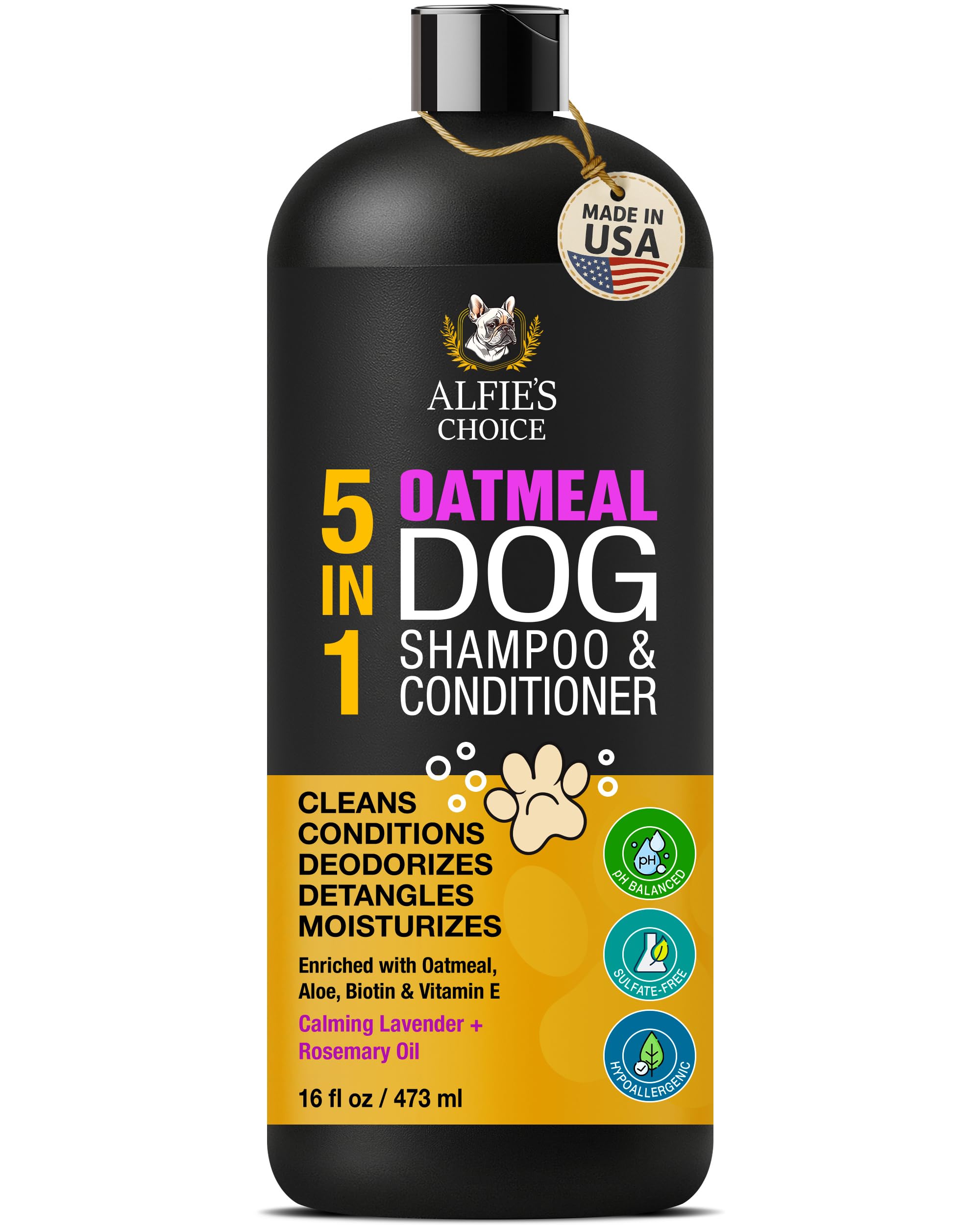 ALFIE'S CHOICE oatmeal dog shampoo bottle for gentle cleansing and a happy coat