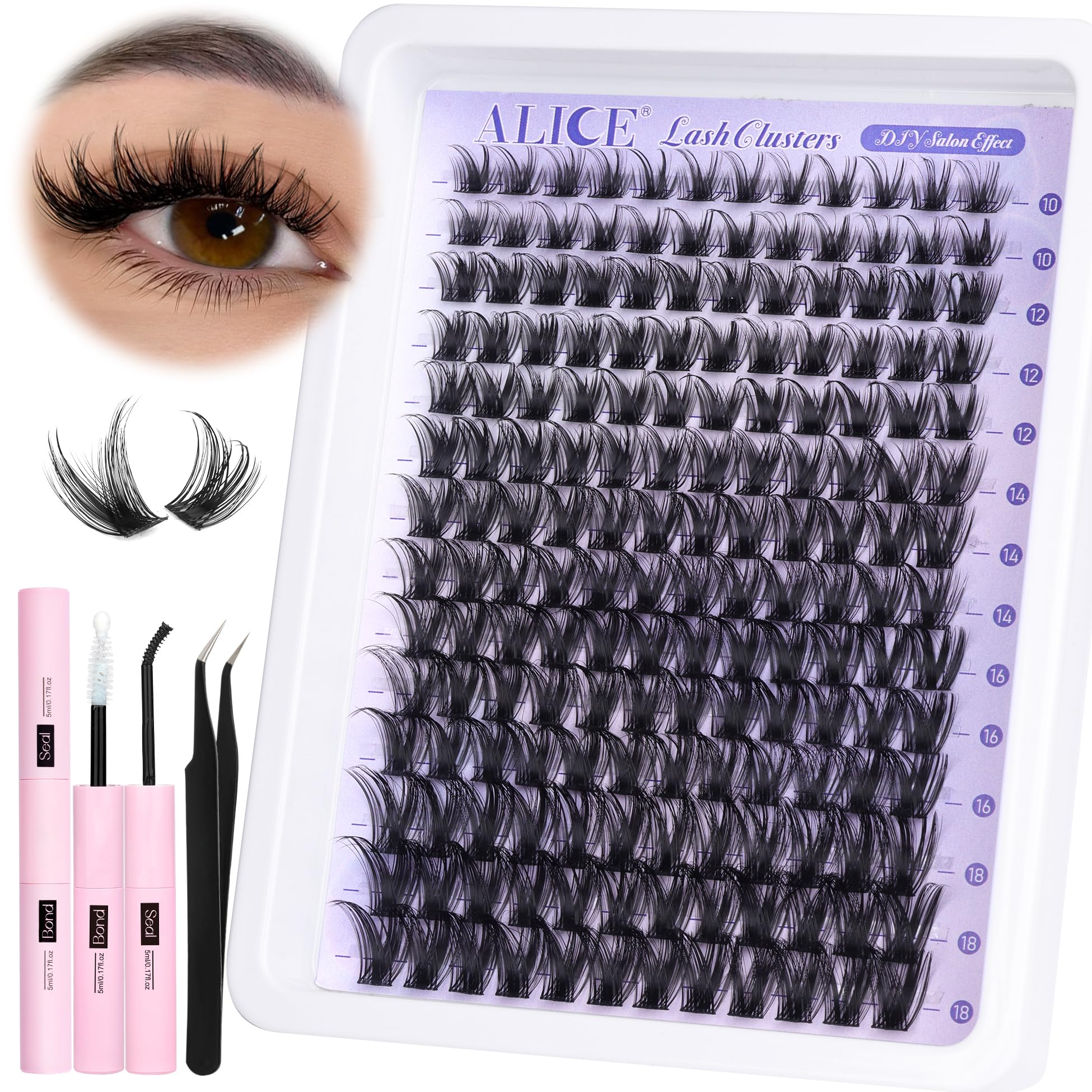 ALICE Lash Clusters Kit shows 10–18mm range for customizable length.
